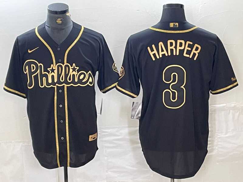 Men%27s Philadelphia Phillies #3 Bryce Harper Black Gold Cool Base Stitched Baseball Jersey->oakland athletics->MLB Jersey